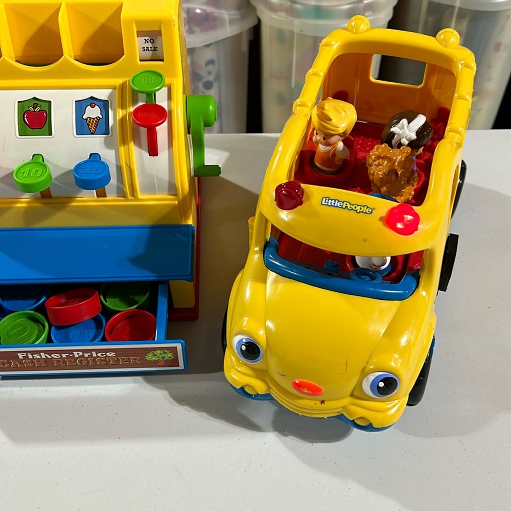 Fisher-price bundle. School bus with 4 children and cash register.
